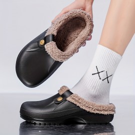 Cozy Waterproof House Slippers Anti-skid Slip-on Shoes Indoor For Men Winter Shoes Fuzz-lined Clogs